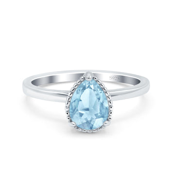 Vintage Style Solitaire Accent Pear Wedding Ring Simulated Aquamarine CZ 925 Sterling Silver